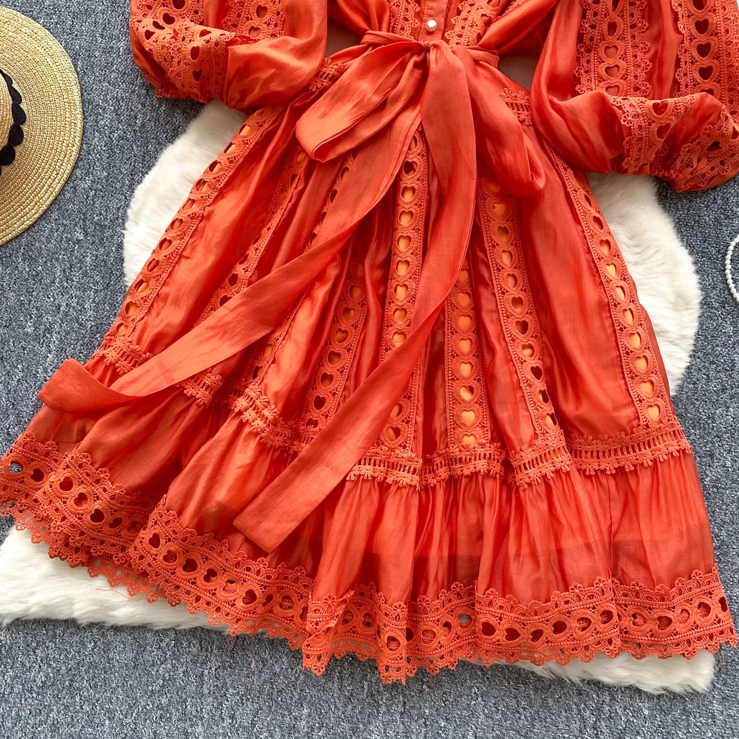 CM.YAYA Women Lantern Half Sleeve Embriodery Patchwork Button Up A-line Dress 2025 Birthday Vacation Sexy Party Elegant Dresses CM.YAYA Women Lantern Half Sleeve Embriodery Patchwork Button Up A-line Dress 2025 Birthday Vacation Sexy Party Elegant Dresses