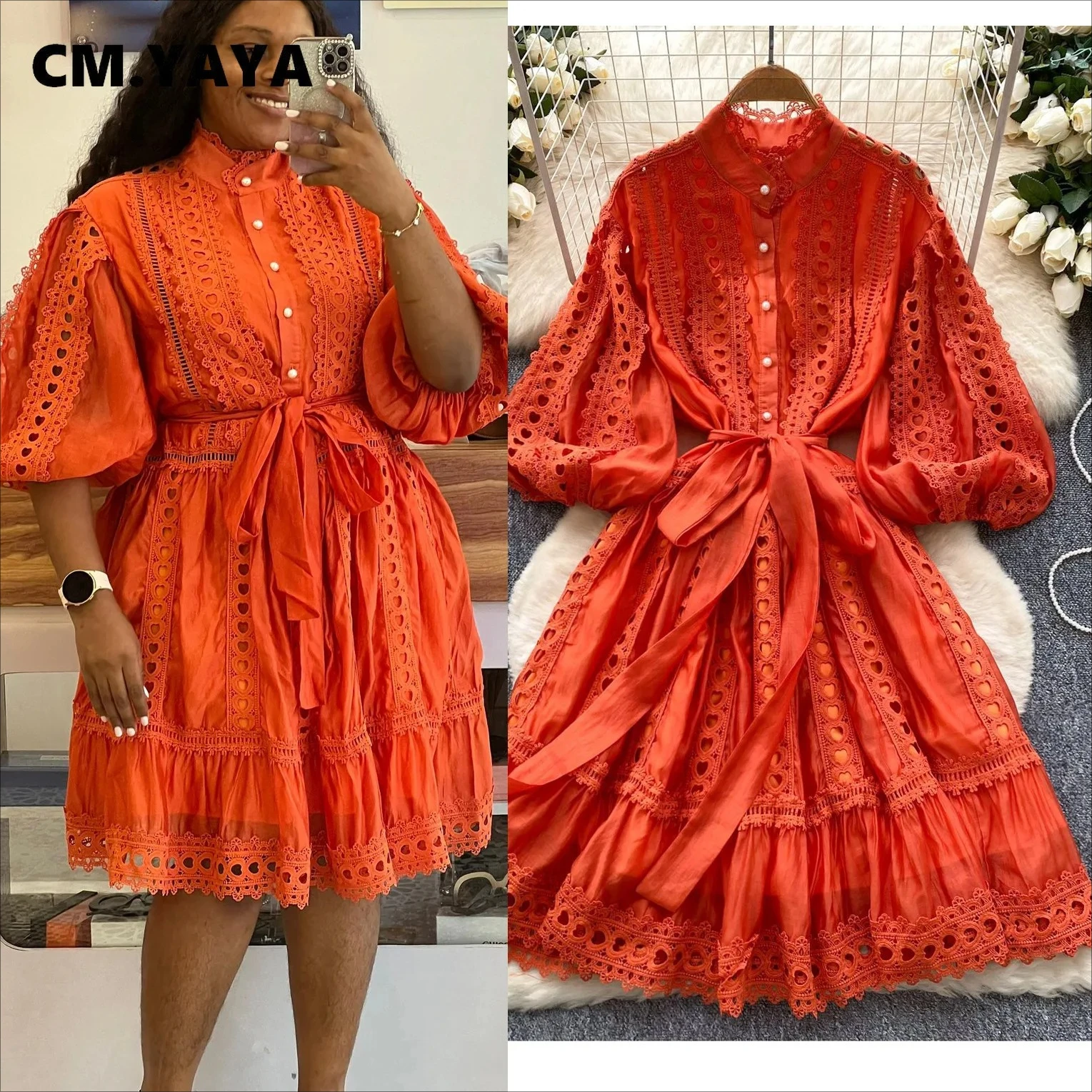 CM.YAYA Women Lantern Half Sleeve Embriodery Patchwork Button Up A-line Dress 2025 Birthday Vacation Sexy Party Elegant Dresses