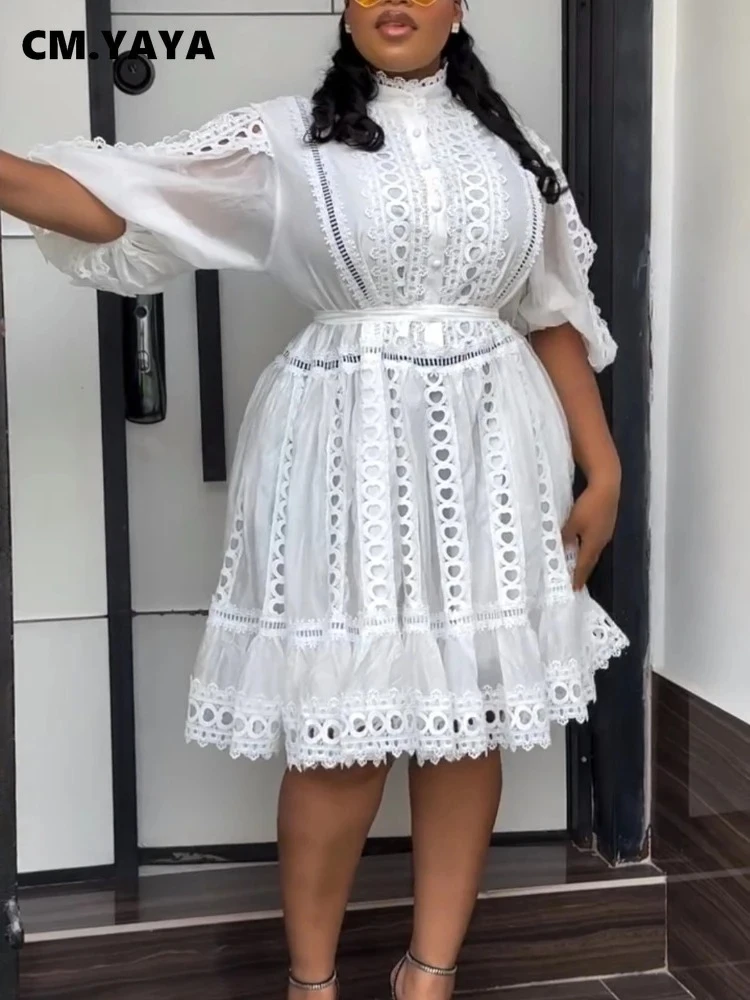 CM.YAYA Women Lantern Half Sleeve Embriodery Patchwork Button Up A-line Dress 2025 Birthday Vacation Sexy Party Elegant Dresses CM.YAYA Women Lantern Half Sleeve Embriodery Patchwork Button Up A-line Dress 2025 Birthday Vacation Sexy Party Elegant Dresses