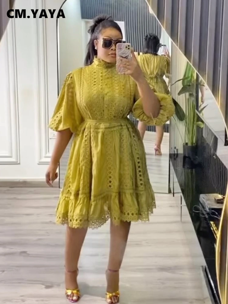 CM.YAYA Women Lantern Half Sleeve Embriodery Patchwork Button Up A-line Dress 2025 Birthday Vacation Sexy Party Elegant Dresses