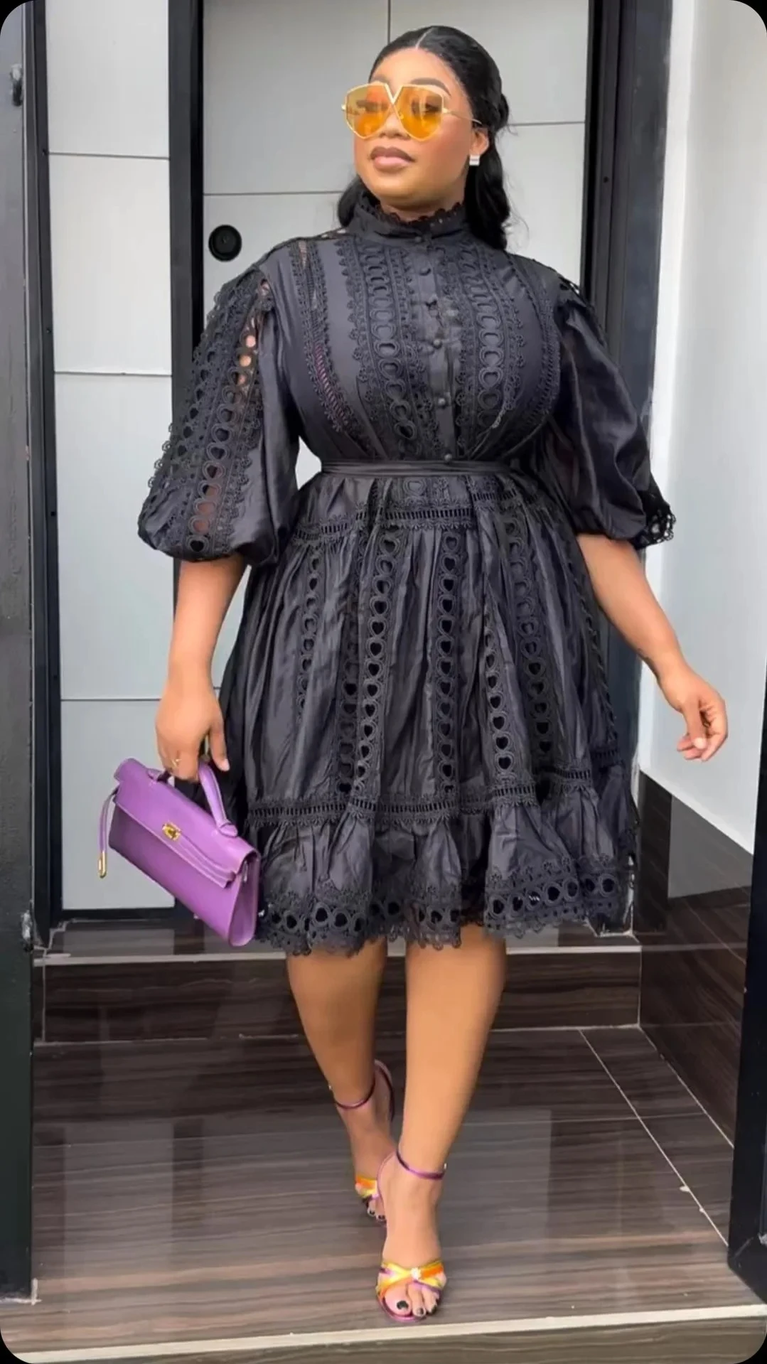 CM.YAYA Women Lantern Half Sleeve Embriodery Patchwork Button Up A-line Dress 2025 Birthday Vacation Sexy Party Elegant Dresses