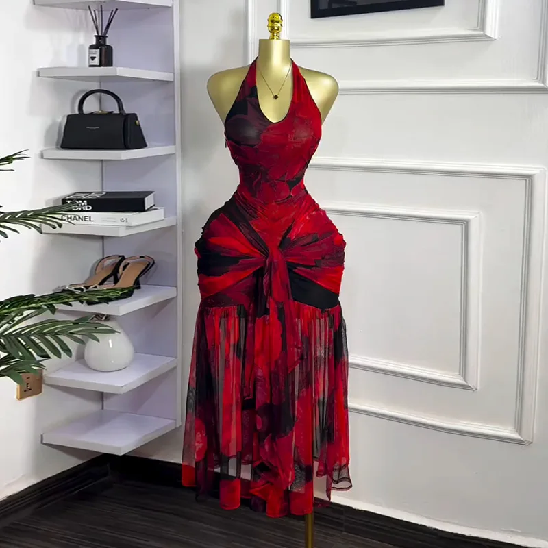 CM.YAYA Women Halter Neck Backless Ruched Stacked Sleeveless Mesh Long Maxi Dress 2025 Birthday Even Sexy Party Dresses Vestidos CM.YAYA Women Halter Neck Backless Ruched Stacked Sleeveless Mesh Long Maxi Dress 2025 Birthday Even Sexy Party Dresses Vestidos