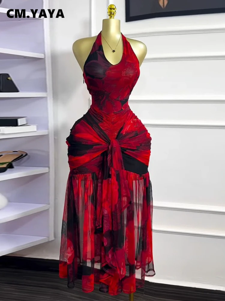 CM.YAYA Women Halter Neck Backless Ruched Stacked Sleeveless Mesh Long Maxi Dress 2025 Birthday Even Sexy Party Dresses Vestidos CM.YAYA Women Halter Neck Backless Ruched Stacked Sleeveless Mesh Long Maxi Dress 2025 Birthday Even Sexy Party Dresses Vestidos