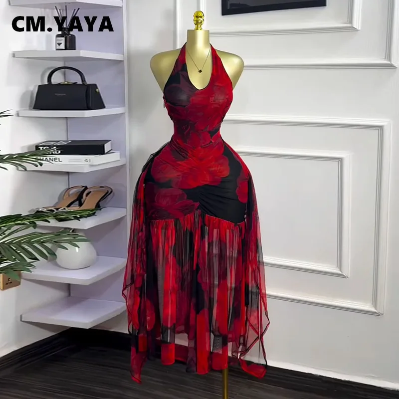 CM.YAYA Women Halter Neck Backless Ruched Stacked Sleeveless Mesh Long Maxi Dress 2025 Birthday Even Sexy Party Dresses Vestidos CM.YAYA Women Halter Neck Backless Ruched Stacked Sleeveless Mesh Long Maxi Dress 2025 Birthday Even Sexy Party Dresses Vestidos