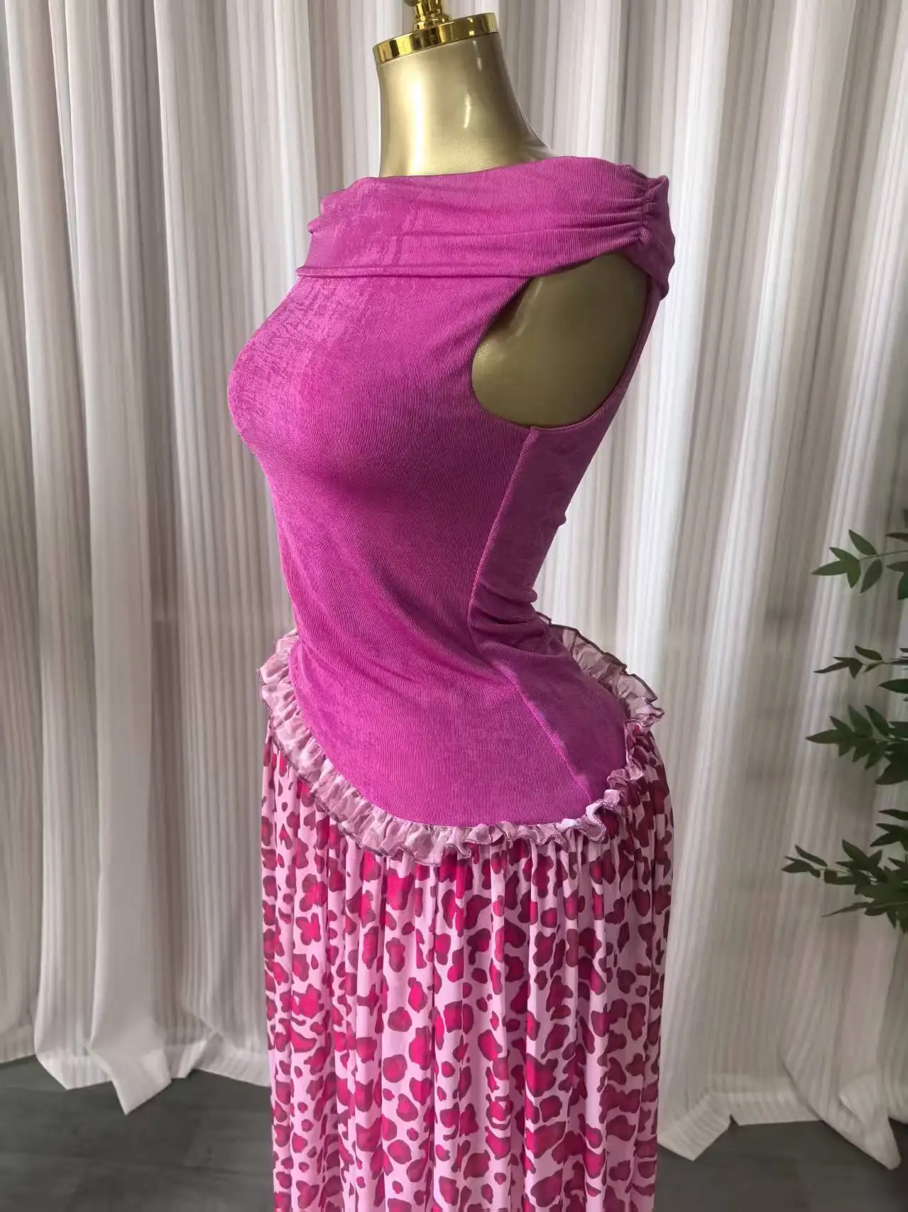 CM.YAYA Women Leopard Patchwork Off Shoulder Wrap Neck A-line Maxi Dress 2026 Trendy Vacation Education Long Dresses Vestidos