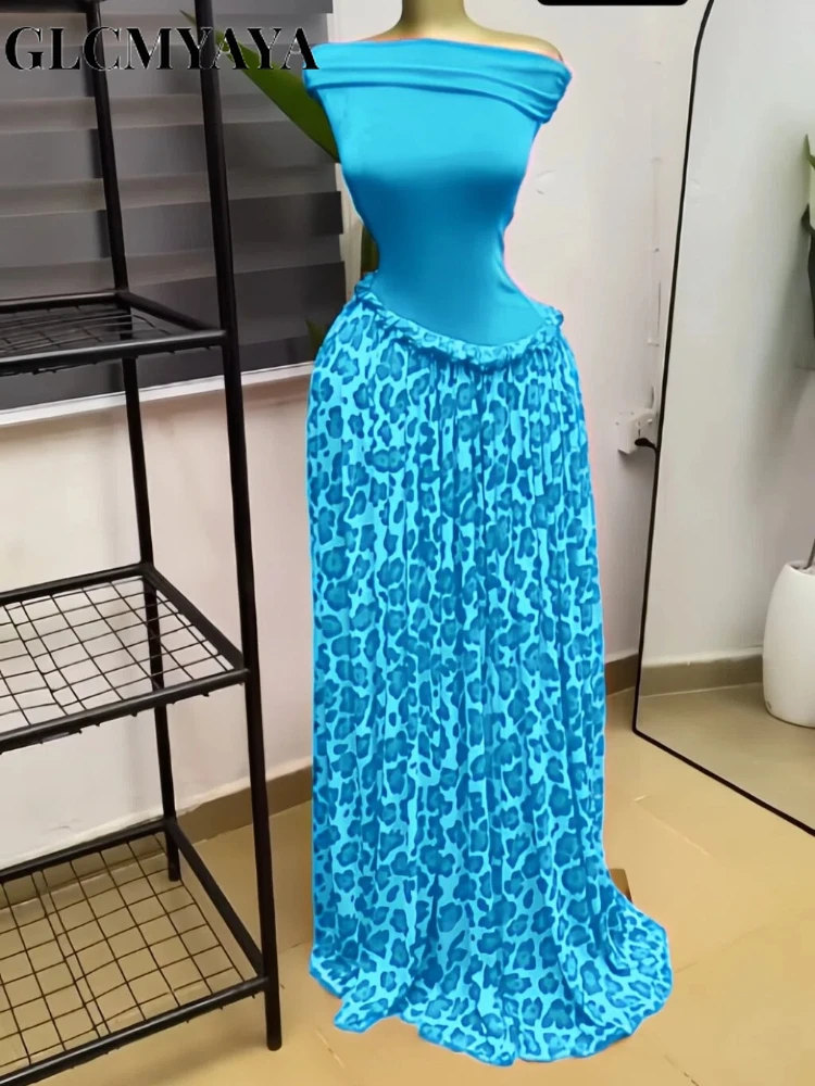 CM.YAYA Women Leopard Patchwork Off Shoulder Wrap Neck A-line Maxi Dress 2026 Trendy Vacation Education Long Dresses Vestidos