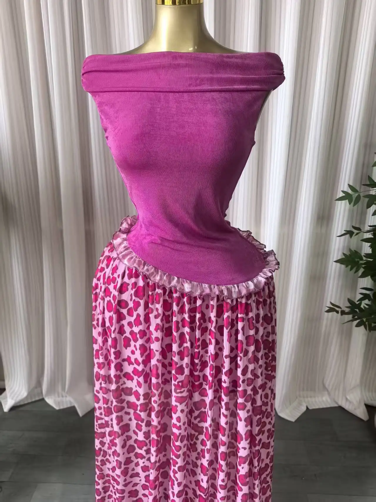 CM.YAYA Women Leopard Patchwork Off Shoulder Wrap Neck A-line Maxi Dress 2026 Trendy Vacation Education Long Dresses Vestidos