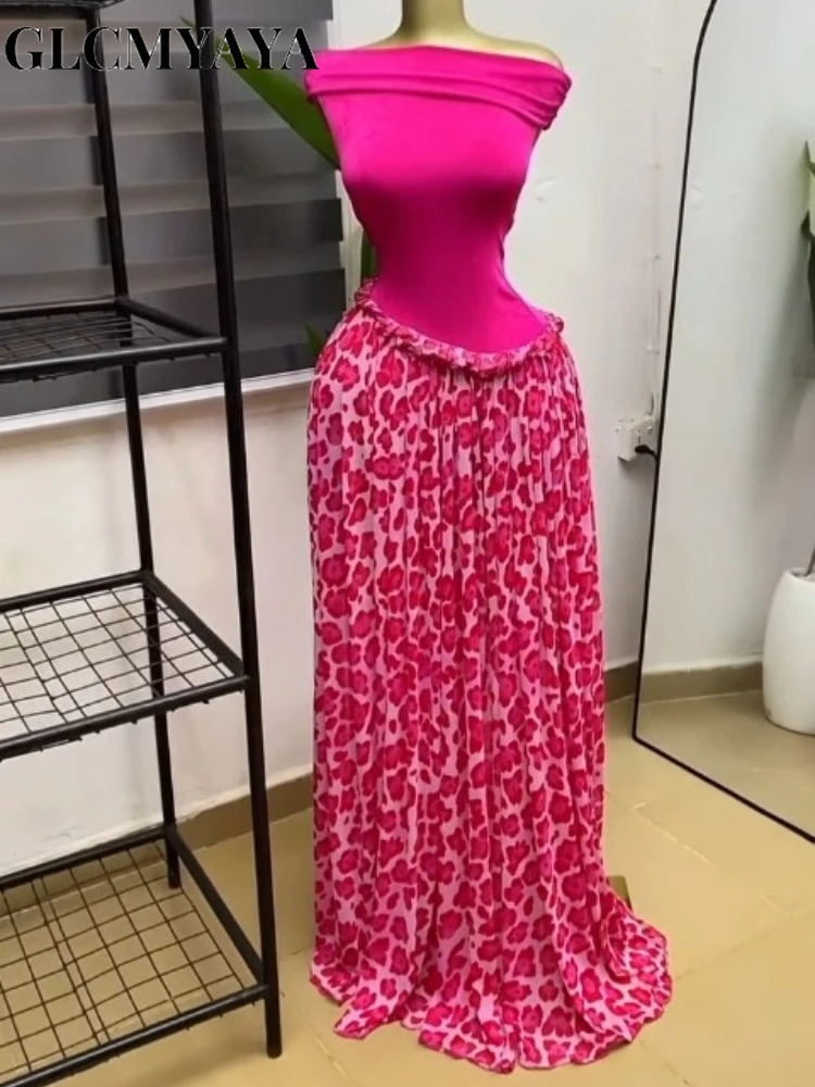 CM.YAYA Women Leopard Patchwork Off Shoulder Wrap Neck A-line Maxi Dress 2026 Trendy Vacation Education Long Dresses Vestidos