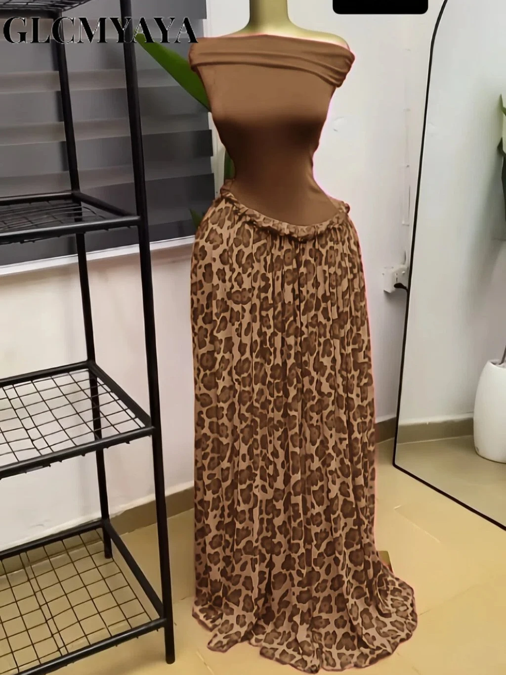 CM.YAYA Women Leopard Patchwork Off Shoulder Wrap Neck A-line Maxi Dress 2026 Trendy Vacation Education Long Dresses Vestidos
