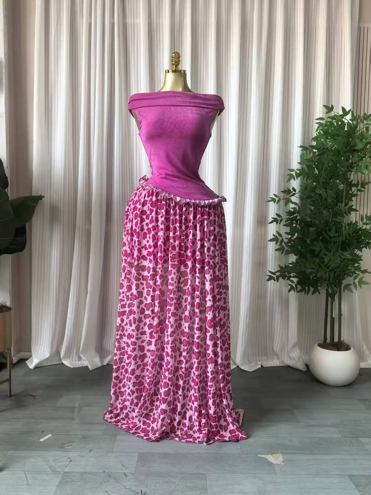 CM.YAYA Women Leopard Patchwork Off Shoulder Wrap Neck A-line Maxi Dress 2026 Trendy Vacation Education Long Dresses Vestidos