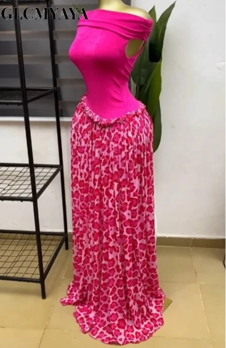 CM.YAYA Women Leopard Patchwork Off Shoulder Wrap Neck A-line Maxi Dress 2026 Trendy Vacation Education Long Dresses Vestidos