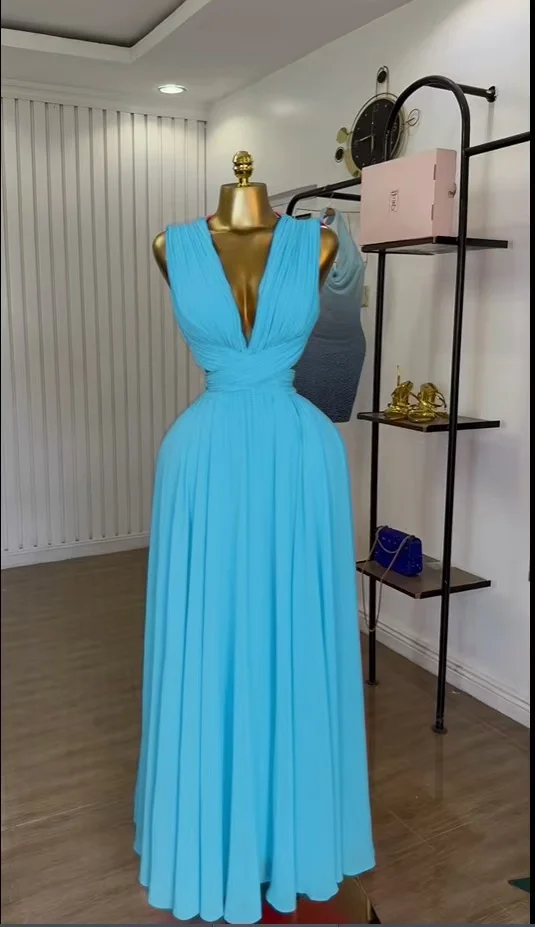 CM.YAYA Women Sleeveless Cutout Back Wrap V-neck Pleated A-line Chiffon Maxi Long Dress Birthday Vacation Sexy Party Dresses