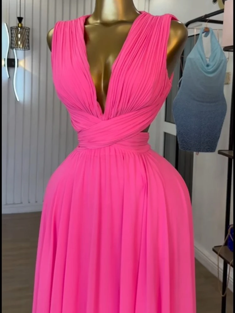 CM.YAYA Women Sleeveless Cutout Back Wrap V-neck Pleated A-line Chiffon Maxi Long Dress Birthday Vacation Sexy Party Dresses