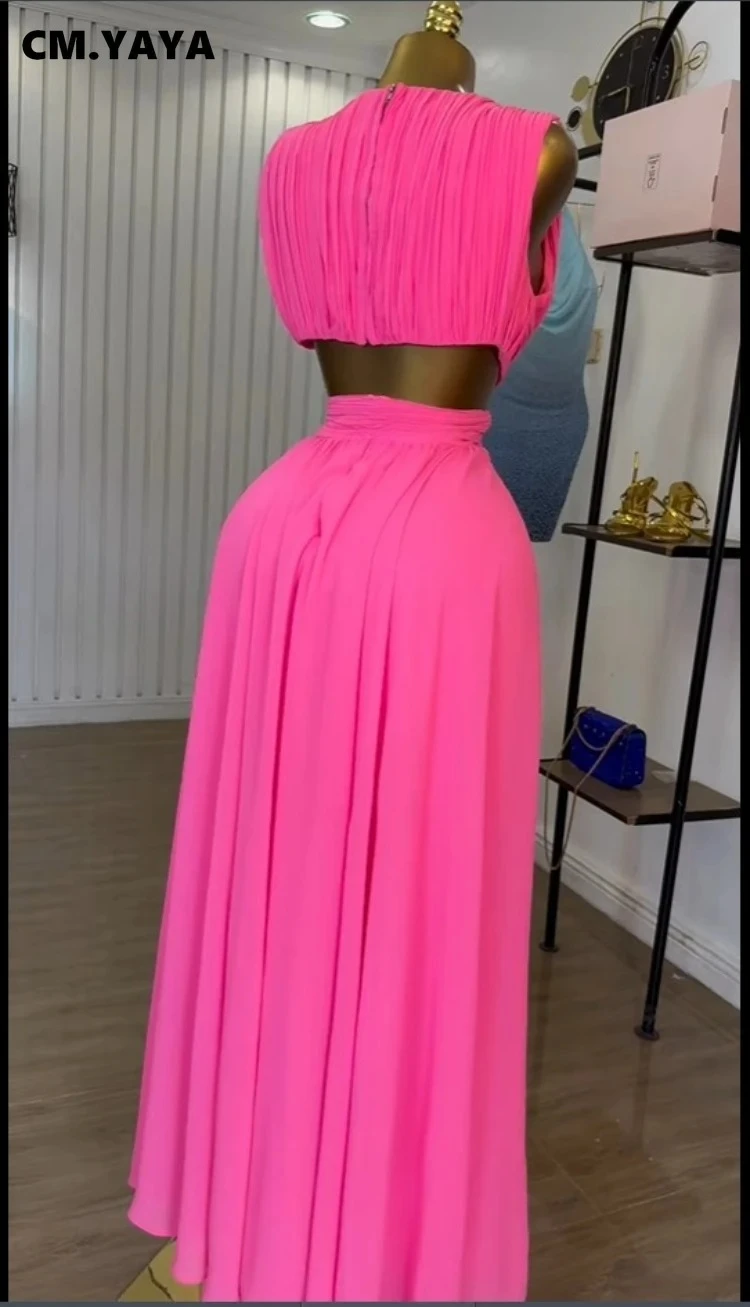 CM.YAYA Women Sleeveless Cutout Back Wrap V-neck Pleated A-line Chiffon Maxi Long Dress Birthday Vacation Sexy Party Dresses