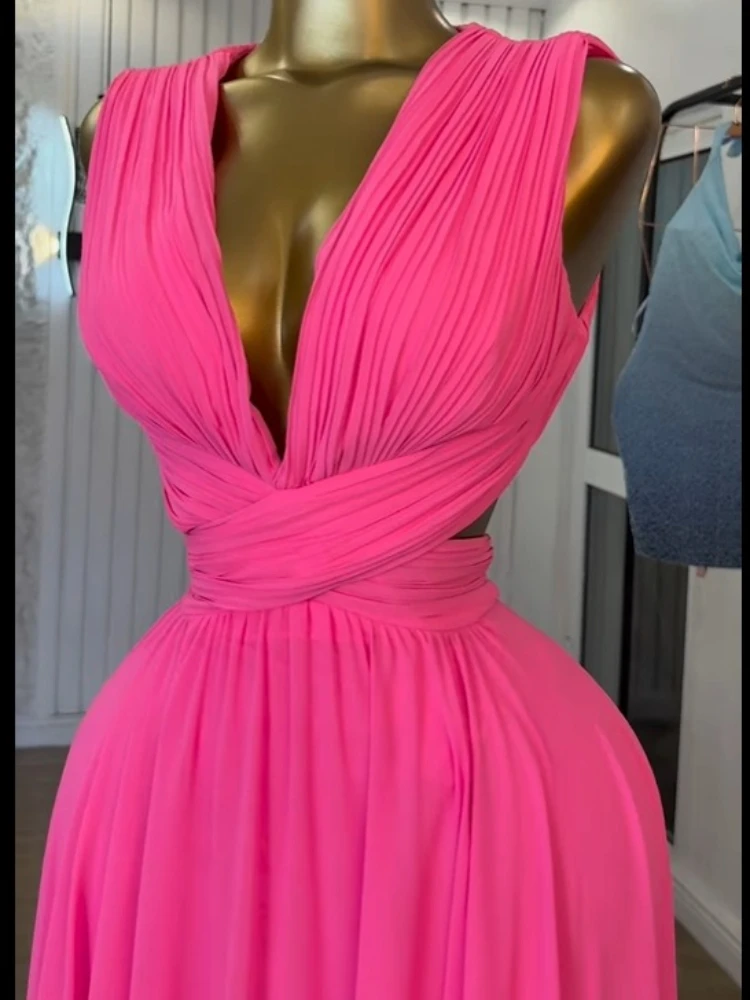 CM.YAYA Women Sleeveless Cutout Back Wrap V-neck Pleated A-line Chiffon Maxi Long Dress Birthday Vacation Sexy Party Dresses