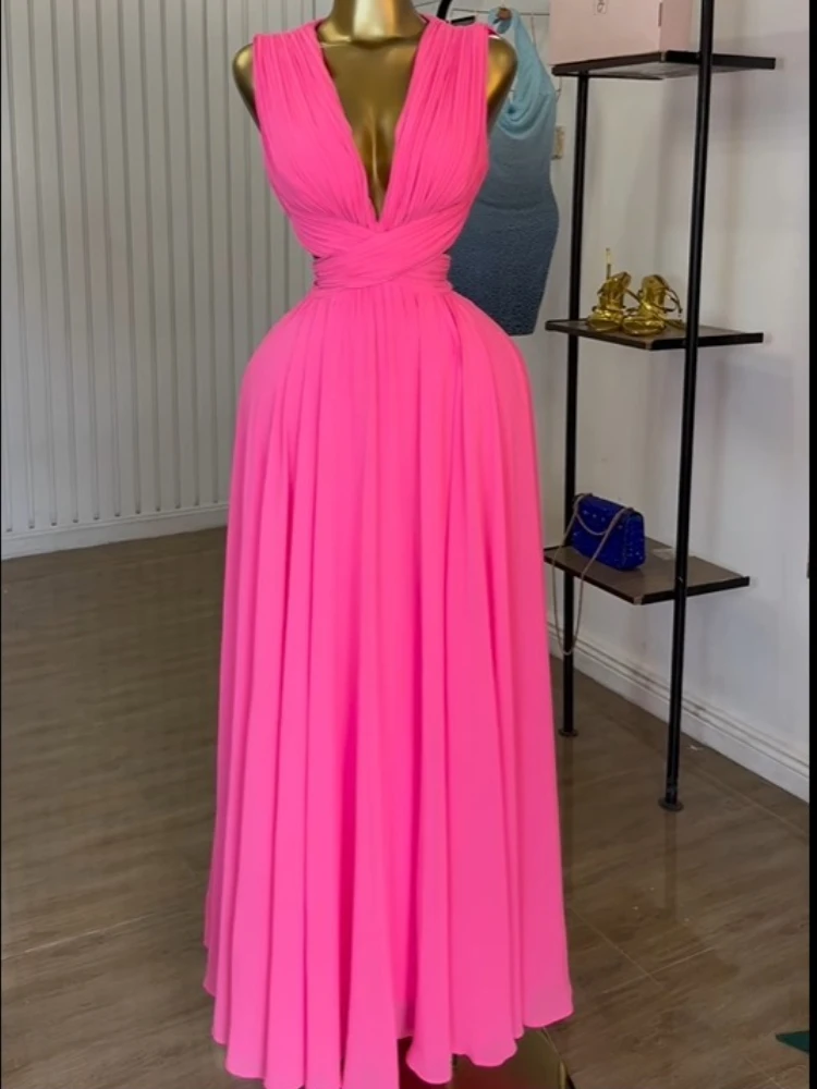 CM.YAYA Women Sleeveless Cutout Back Wrap V-neck Pleated A-line Chiffon Maxi Long Dress Birthday Vacation Sexy Party Dresses