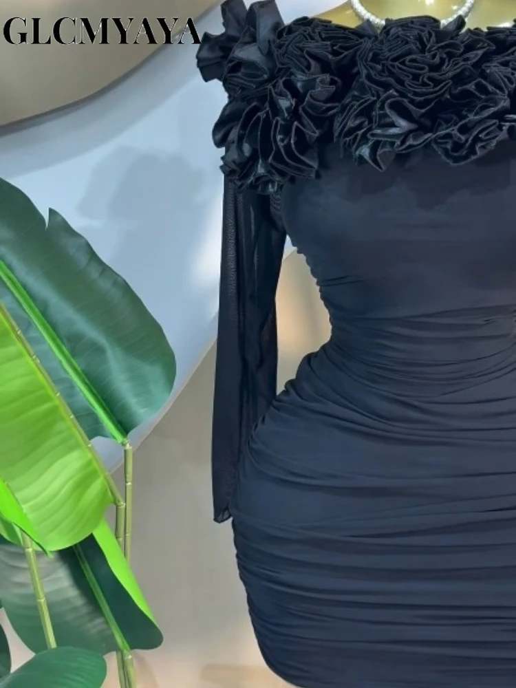 CM.YAYA Women Off Shoulder  Floral Applique Stacked Ruched Bodycon Midi Mini Dress 2026 Party Holiday Dresses Trendy Vestidos