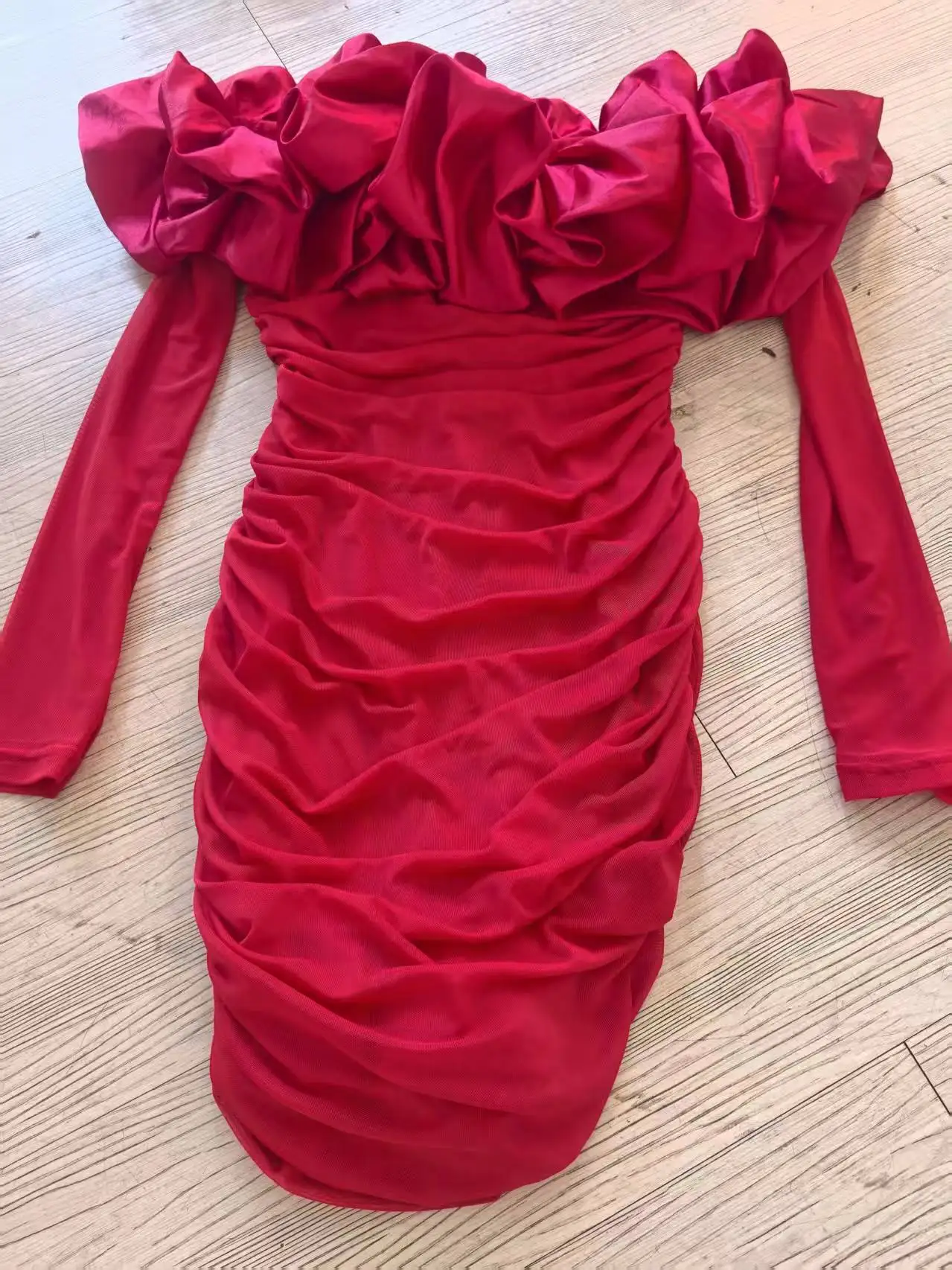 CM.YAYA Women Off Shoulder  Floral Applique Stacked Ruched Bodycon Midi Mini Dress 2026 Party Holiday Dresses Trendy Vestidos