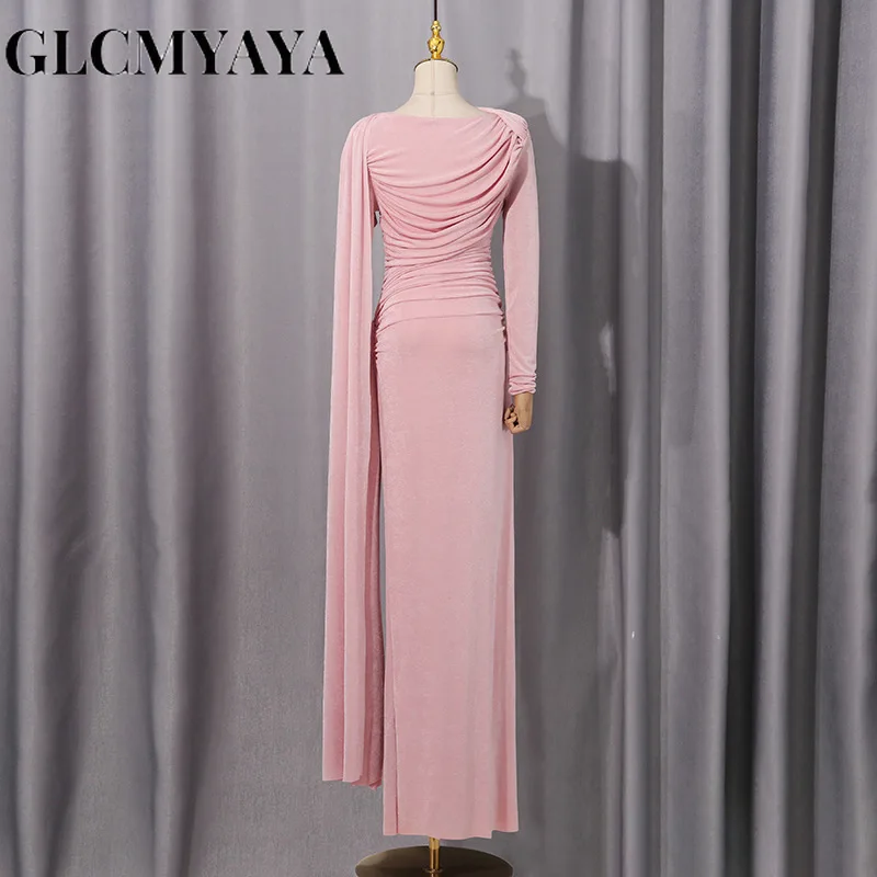 CM.YAYA Women Clock Long Sleeve Stacked Ruched Bodycon Midi Maxi Long Dress 2025 Birthday Sexy Party Floor Length Trendy Dresses