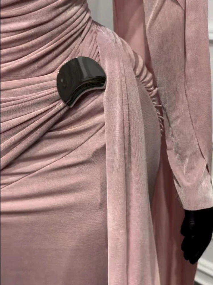 CM.YAYA Women Clock Long Sleeve Stacked Ruched Bodycon Midi Maxi Long Dress 2025 Birthday Sexy Party Floor Length Trendy Dresses