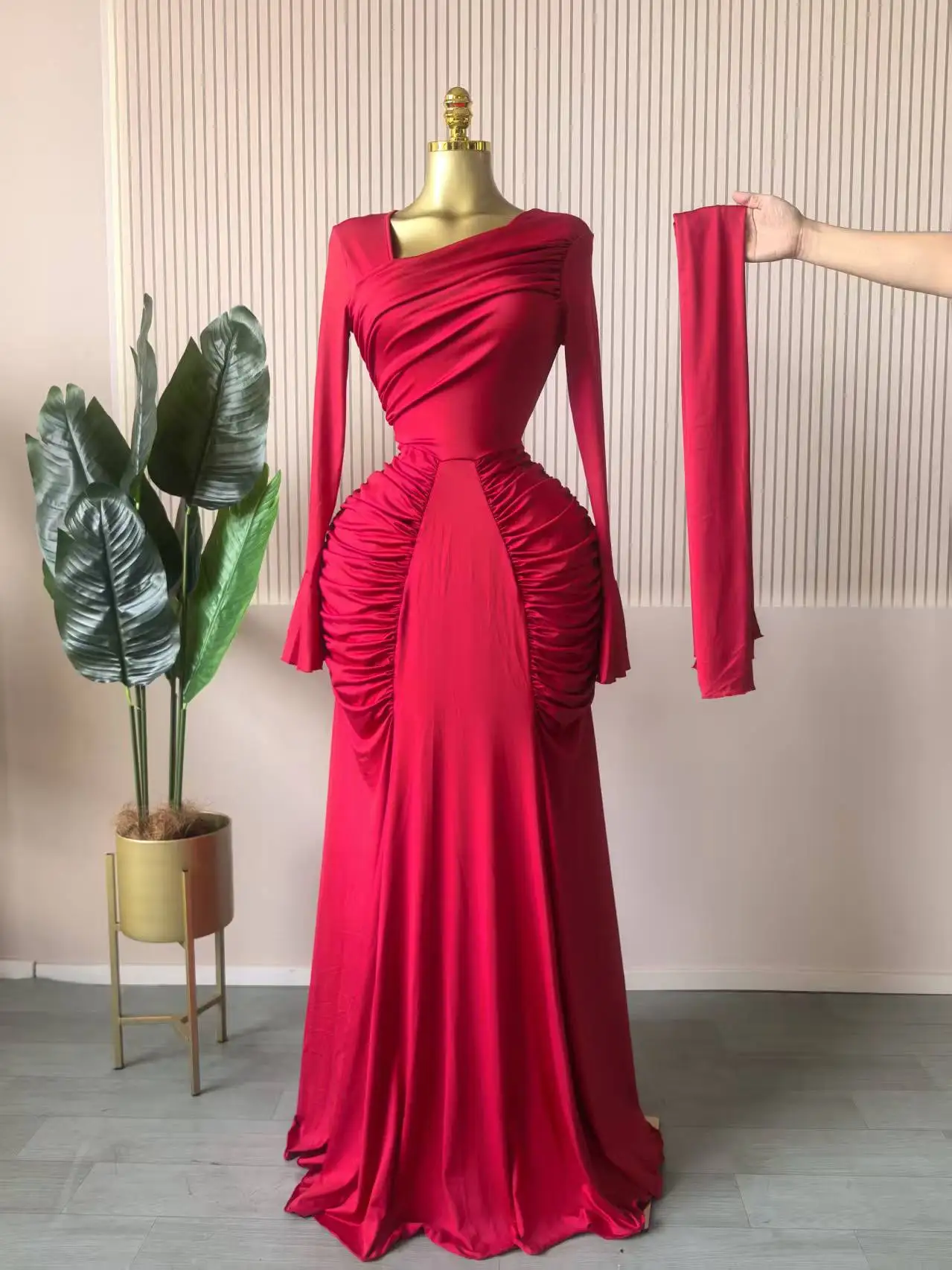 CM.YAYA Women Skew Neck Flare Long Sleeve Ruched Stacked Maxi Long Dress Fall Birthday Evening Sexy Party Dresses with Scarf