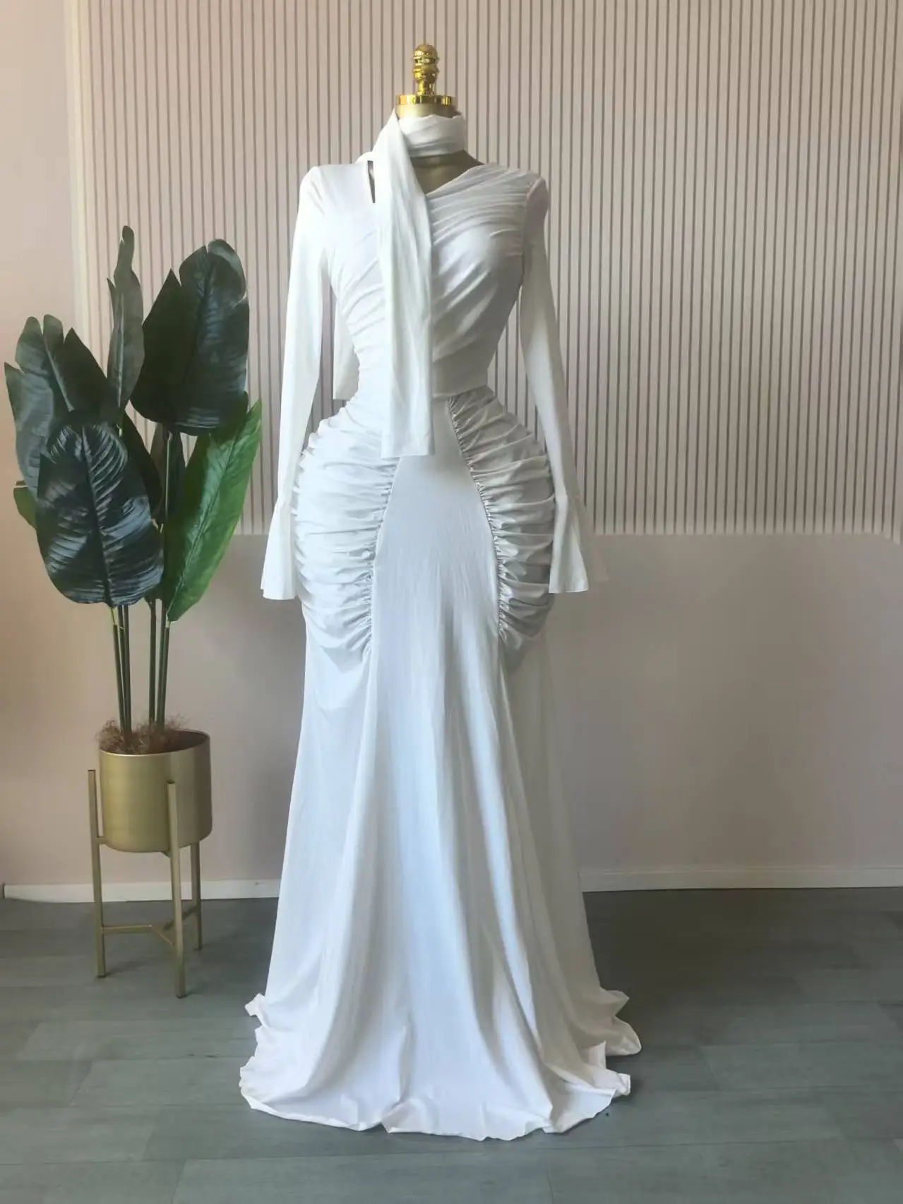 CM.YAYA Women Skew Neck Flare Long Sleeve Ruched Stacked Maxi Long Dress Fall Birthday Evening Sexy Party Dresses with Scarf