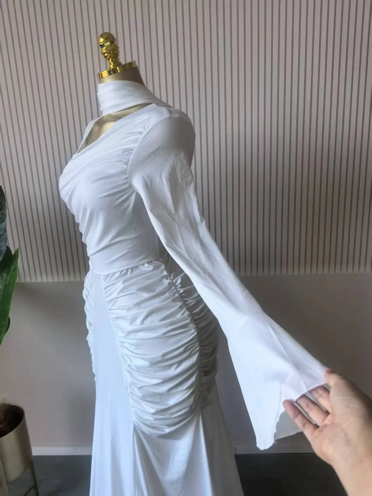 CM.YAYA Women Skew Neck Flare Long Sleeve Ruched Stacked Maxi Long Dress Fall Birthday Evening Sexy Party Dresses with Scarf