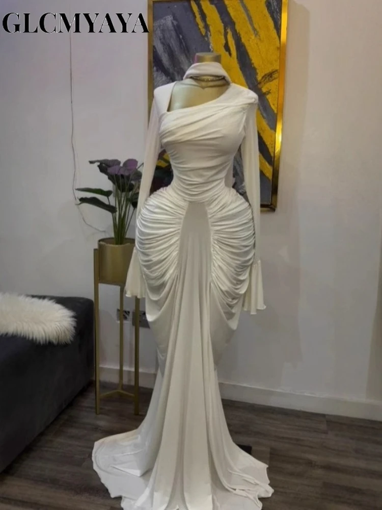 CM.YAYA Women Skew Neck Flare Long Sleeve Ruched Stacked Maxi Long Dress Fall Birthday Evening Sexy Party Dresses with Scarf