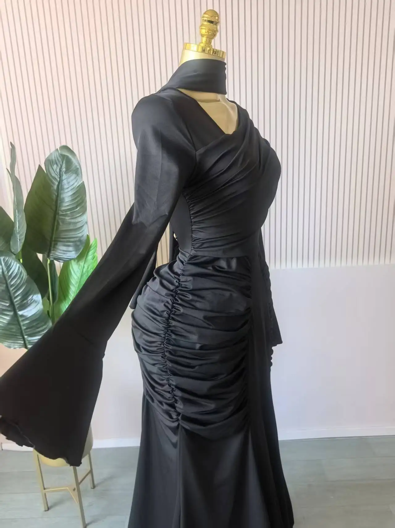 CM.YAYA Women Skew Neck Flare Long Sleeve Ruched Stacked Maxi Long Dress Fall Birthday Evening Sexy Party Dresses with Scarf