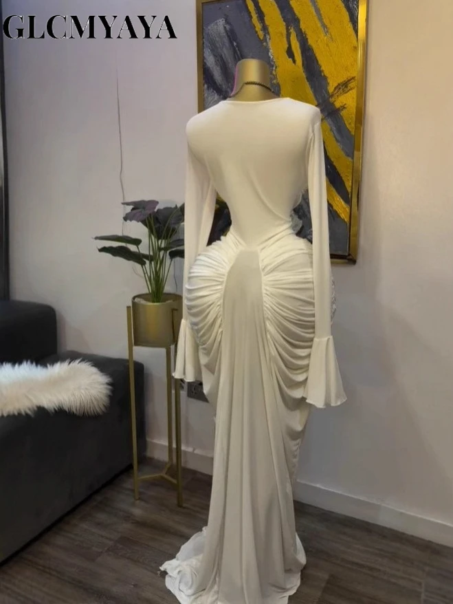 CM.YAYA Women Skew Neck Flare Long Sleeve Ruched Stacked Maxi Long Dress Fall Birthday Evening Sexy Party Dresses with Scarf