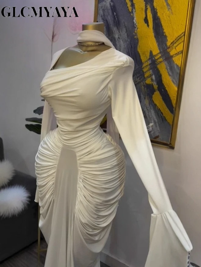 CM.YAYA Women Skew Neck Flare Long Sleeve Ruched Stacked Maxi Long Dress Fall Birthday Evening Sexy Party Dresses with Scarf