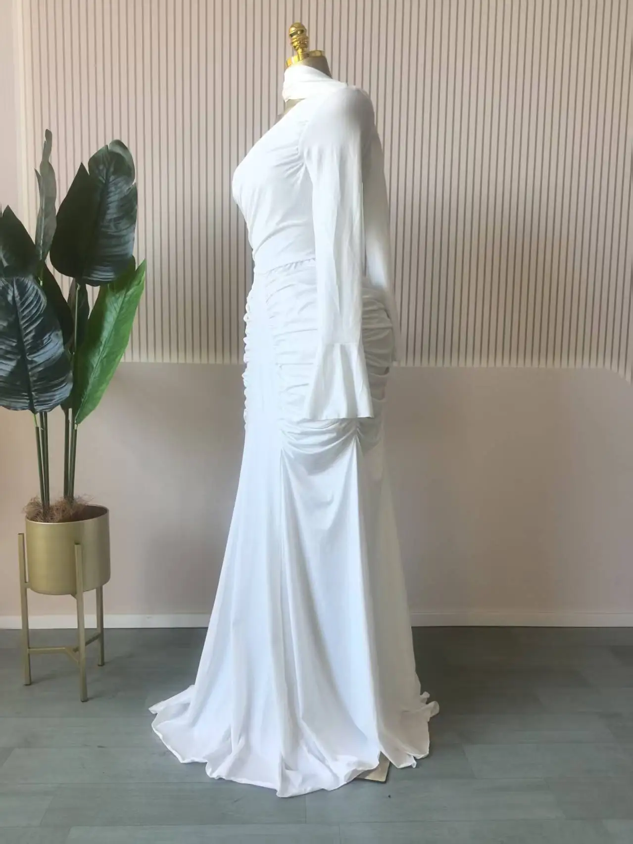 CM.YAYA Women Skew Neck Flare Long Sleeve Ruched Stacked Maxi Long Dress Fall Birthday Evening Sexy Party Dresses with Scarf