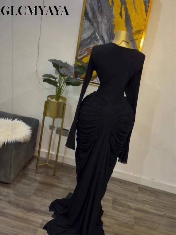 CM.YAYA Women Skew Neck Flare Long Sleeve Ruched Stacked Maxi Long Dress Fall Birthday Evening Sexy Party Dresses with Scarf