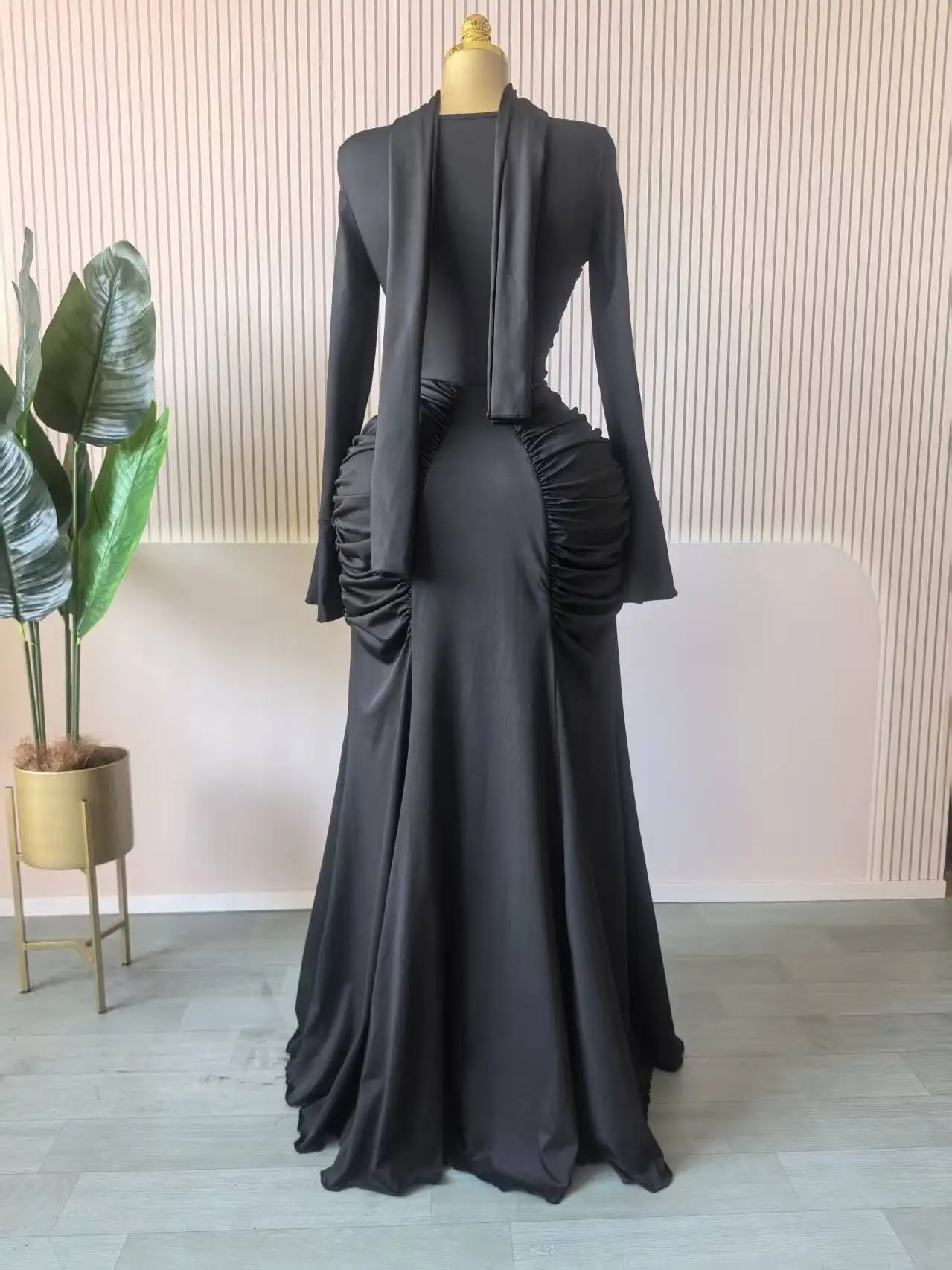 CM.YAYA Women Skew Neck Flare Long Sleeve Ruched Stacked Maxi Long Dress Fall Birthday Evening Sexy Party Dresses with Scarf