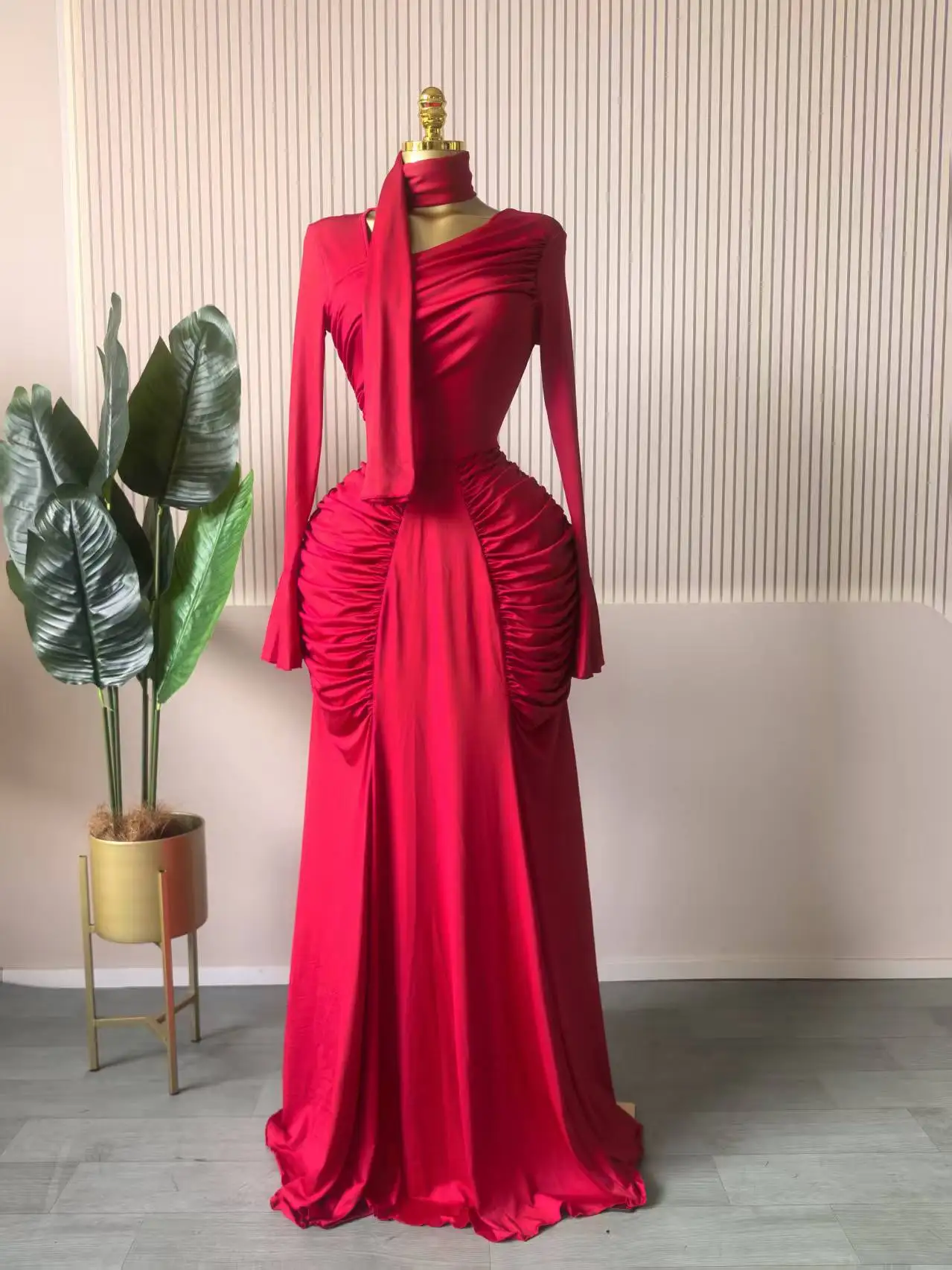 CM.YAYA Women Skew Neck Flare Long Sleeve Ruched Stacked Maxi Long Dress Fall Birthday Evening Sexy Party Dresses with Scarf