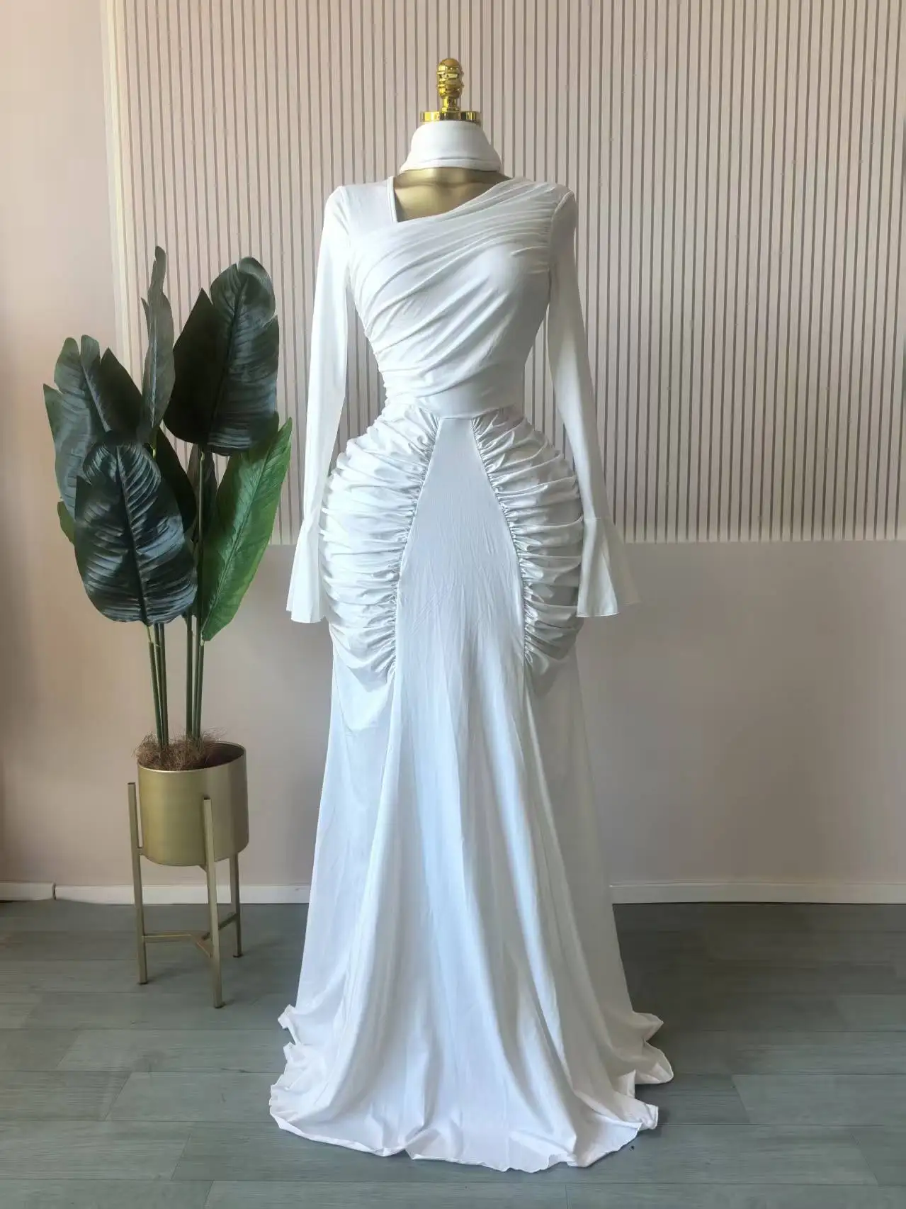 CM.YAYA Women Skew Neck Flare Long Sleeve Ruched Stacked Maxi Long Dress Fall Birthday Evening Sexy Party Dresses with Scarf