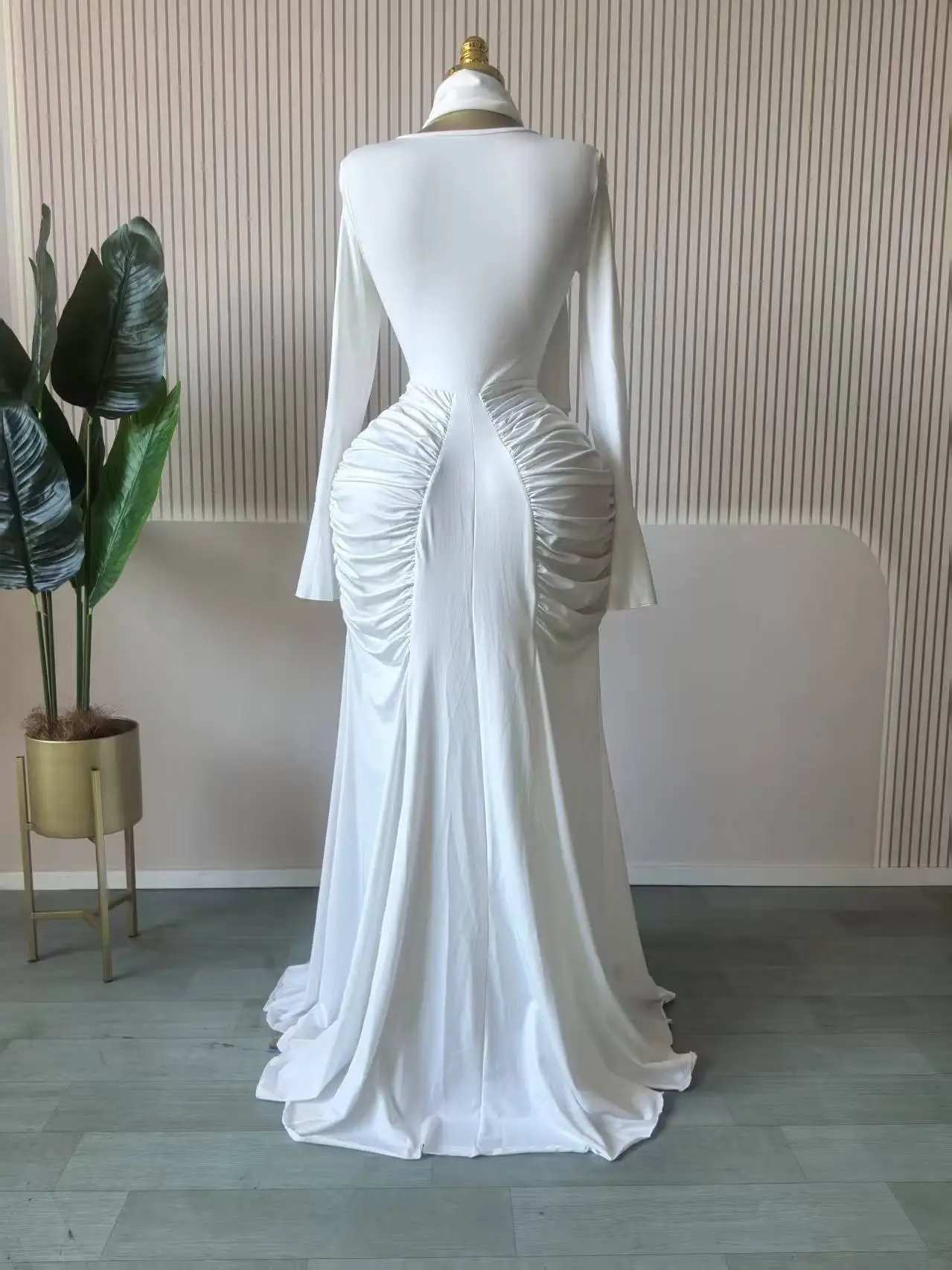 CM.YAYA Women Skew Neck Flare Long Sleeve Ruched Stacked Maxi Long Dress Fall Birthday Evening Sexy Party Dresses with Scarf