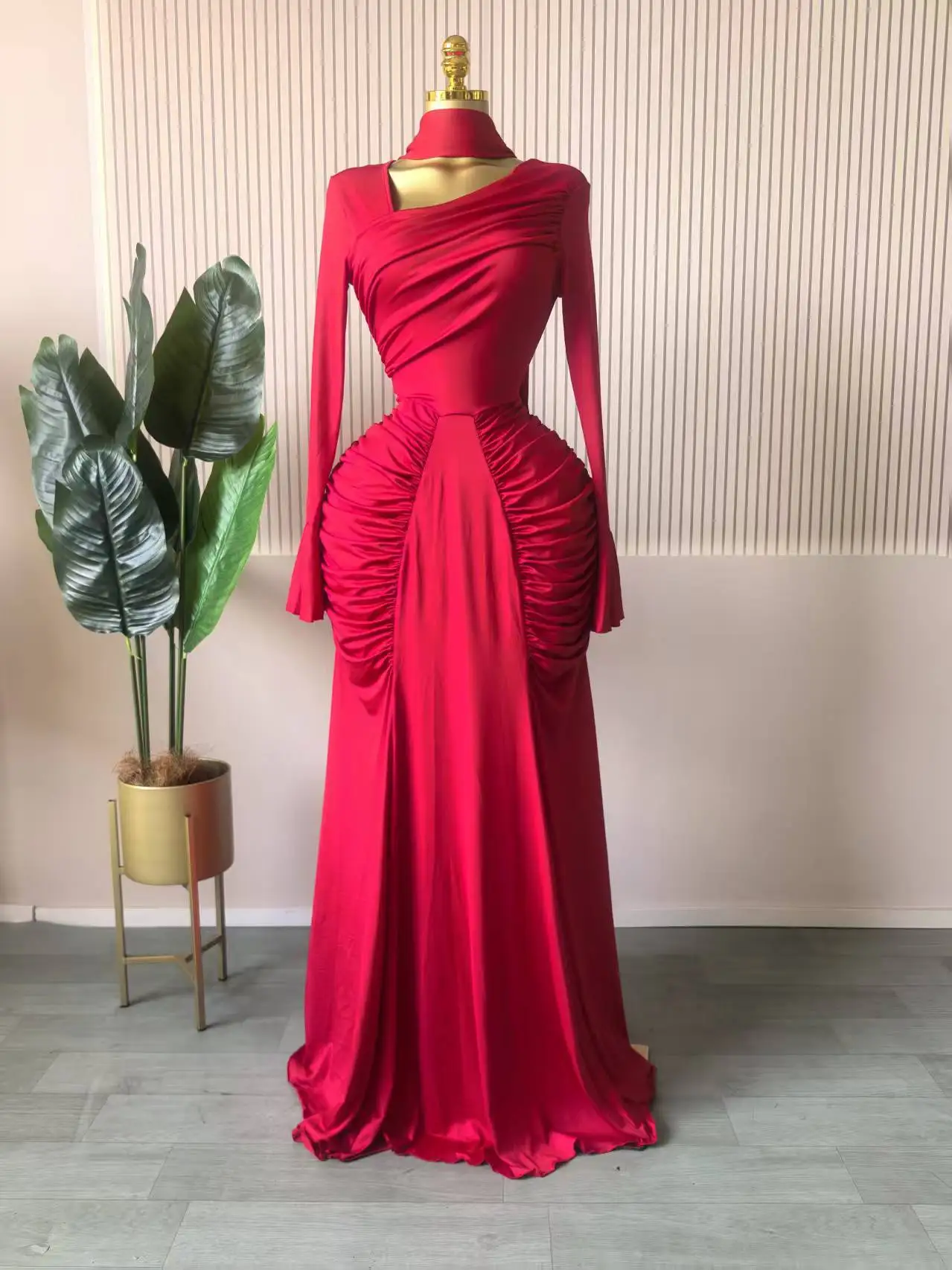 CM.YAYA Women Skew Neck Flare Long Sleeve Ruched Stacked Maxi Long Dress Fall Birthday Evening Sexy Party Dresses with Scarf