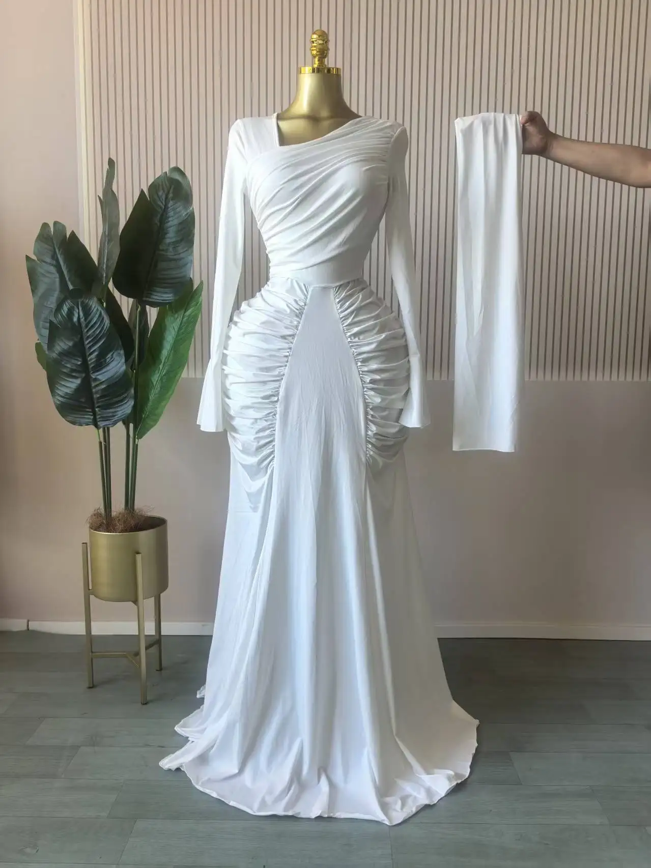 CM.YAYA Women Skew Neck Flare Long Sleeve Ruched Stacked Maxi Long Dress Fall Birthday Evening Sexy Party Dresses with Scarf