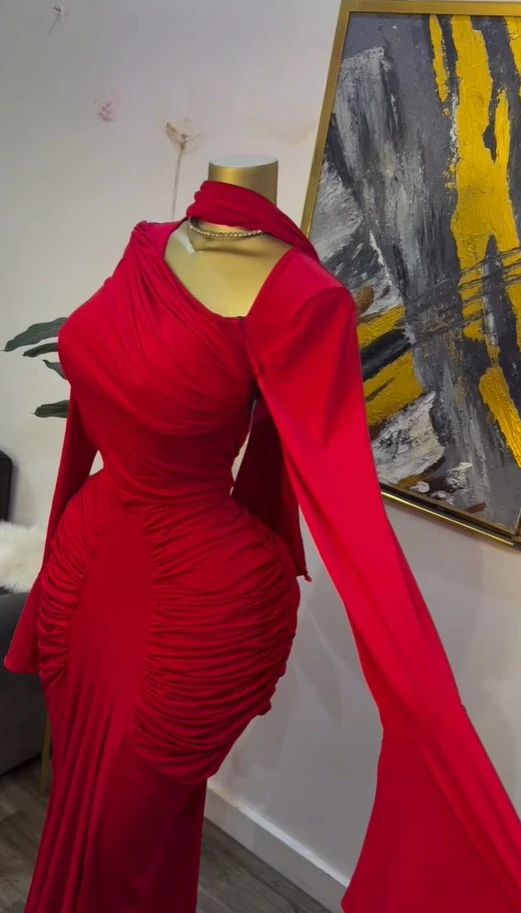 CM.YAYA Women Skew Neck Flare Long Sleeve Ruched Stacked Maxi Long Dress Fall Birthday Evening Sexy Party Dresses with Scarf