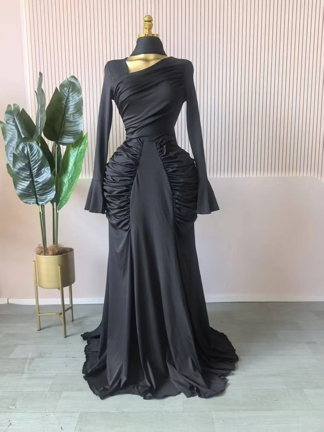 CM.YAYA Women Skew Neck Flare Long Sleeve Ruched Stacked Maxi Long Dress Fall Birthday Evening Sexy Party Dresses with Scarf