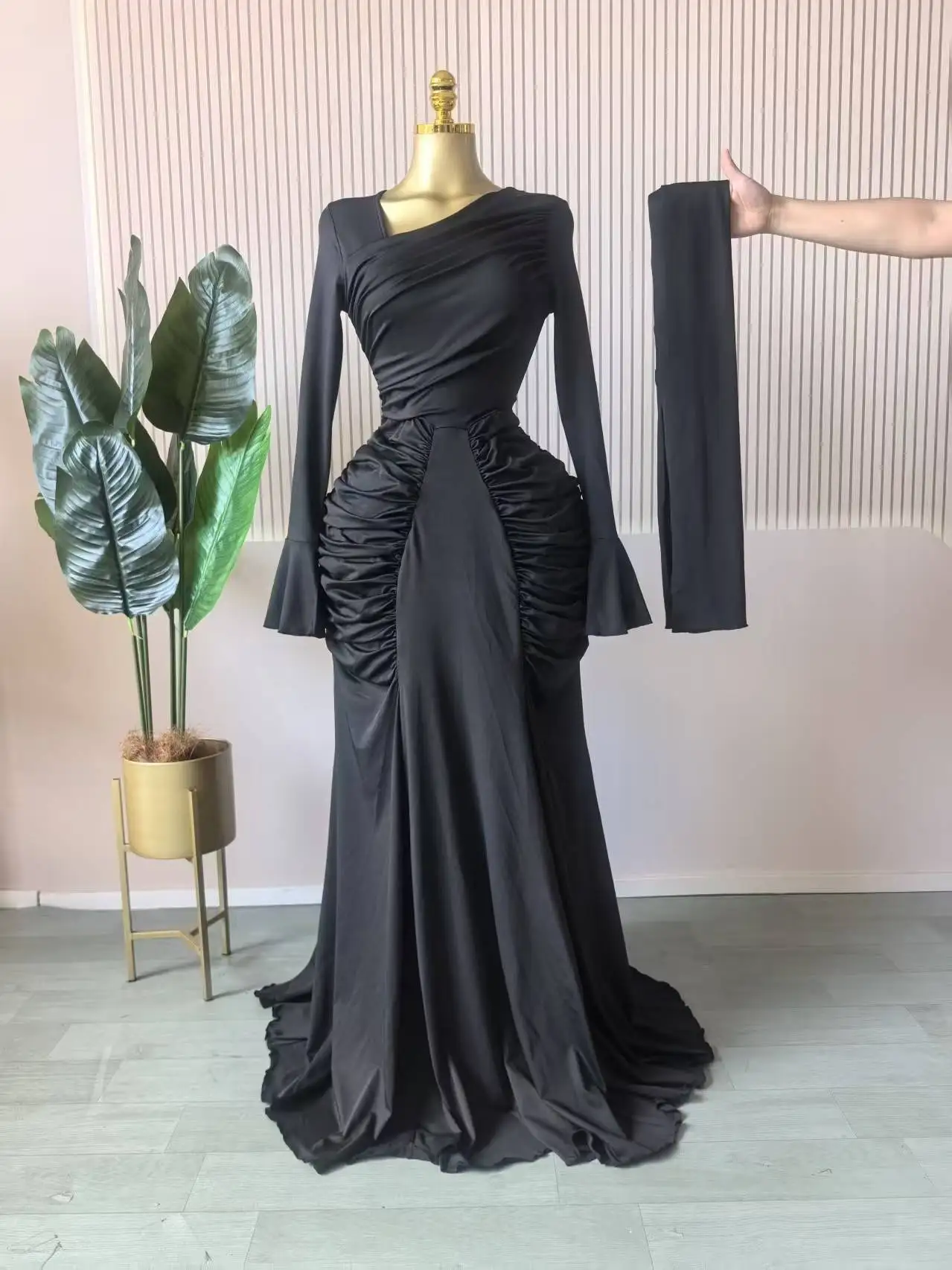 CM.YAYA Women Skew Neck Flare Long Sleeve Ruched Stacked Maxi Long Dress Fall Birthday Evening Sexy Party Dresses with Scarf