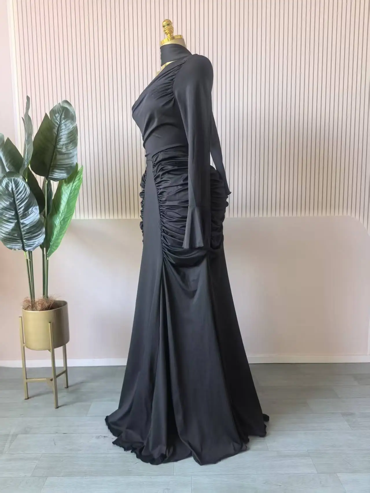 CM.YAYA Women Skew Neck Flare Long Sleeve Ruched Stacked Maxi Long Dress Fall Birthday Evening Sexy Party Dresses with Scarf