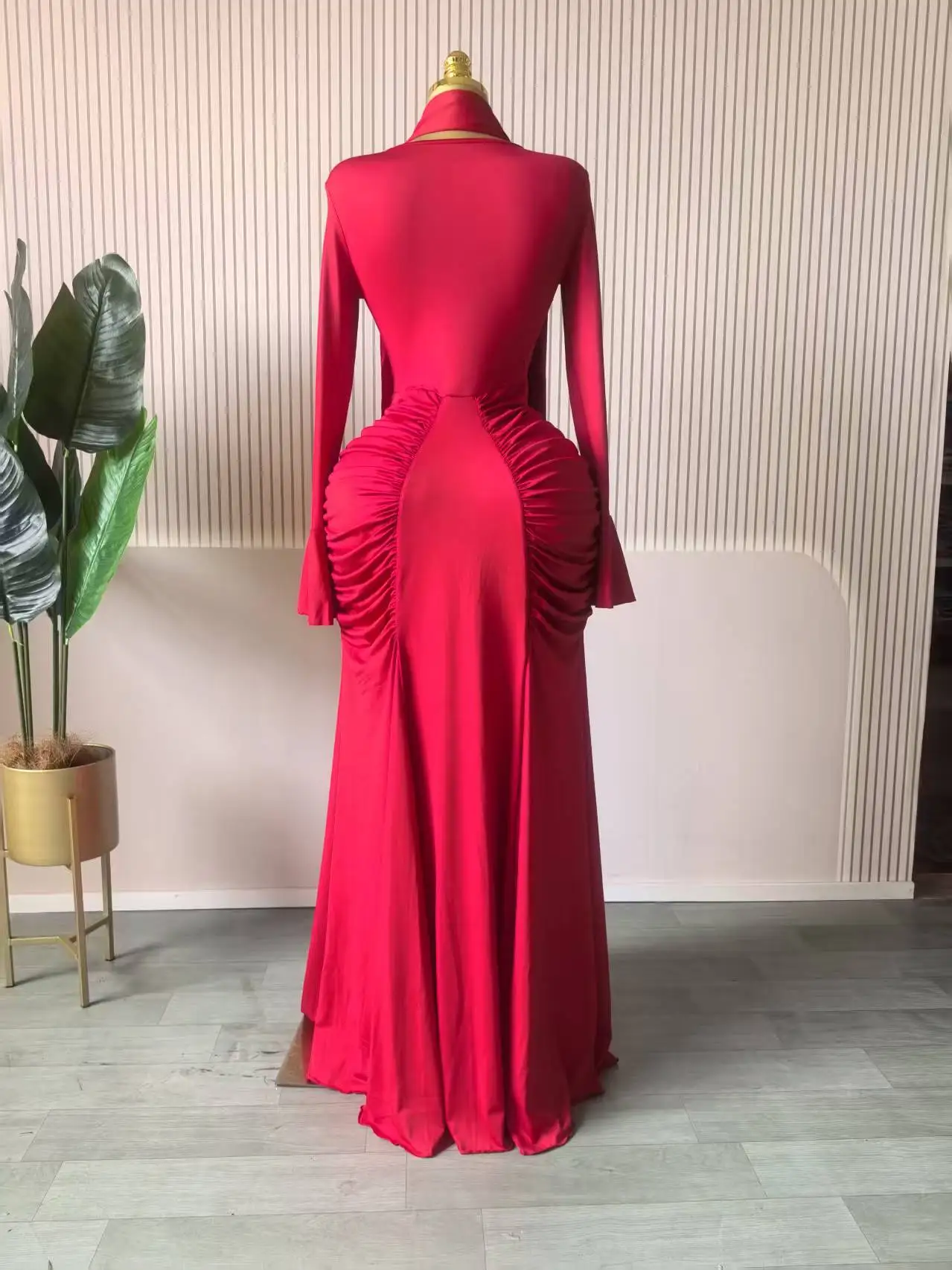 CM.YAYA Women Skew Neck Flare Long Sleeve Ruched Stacked Maxi Long Dress Fall Birthday Evening Sexy Party Dresses with Scarf