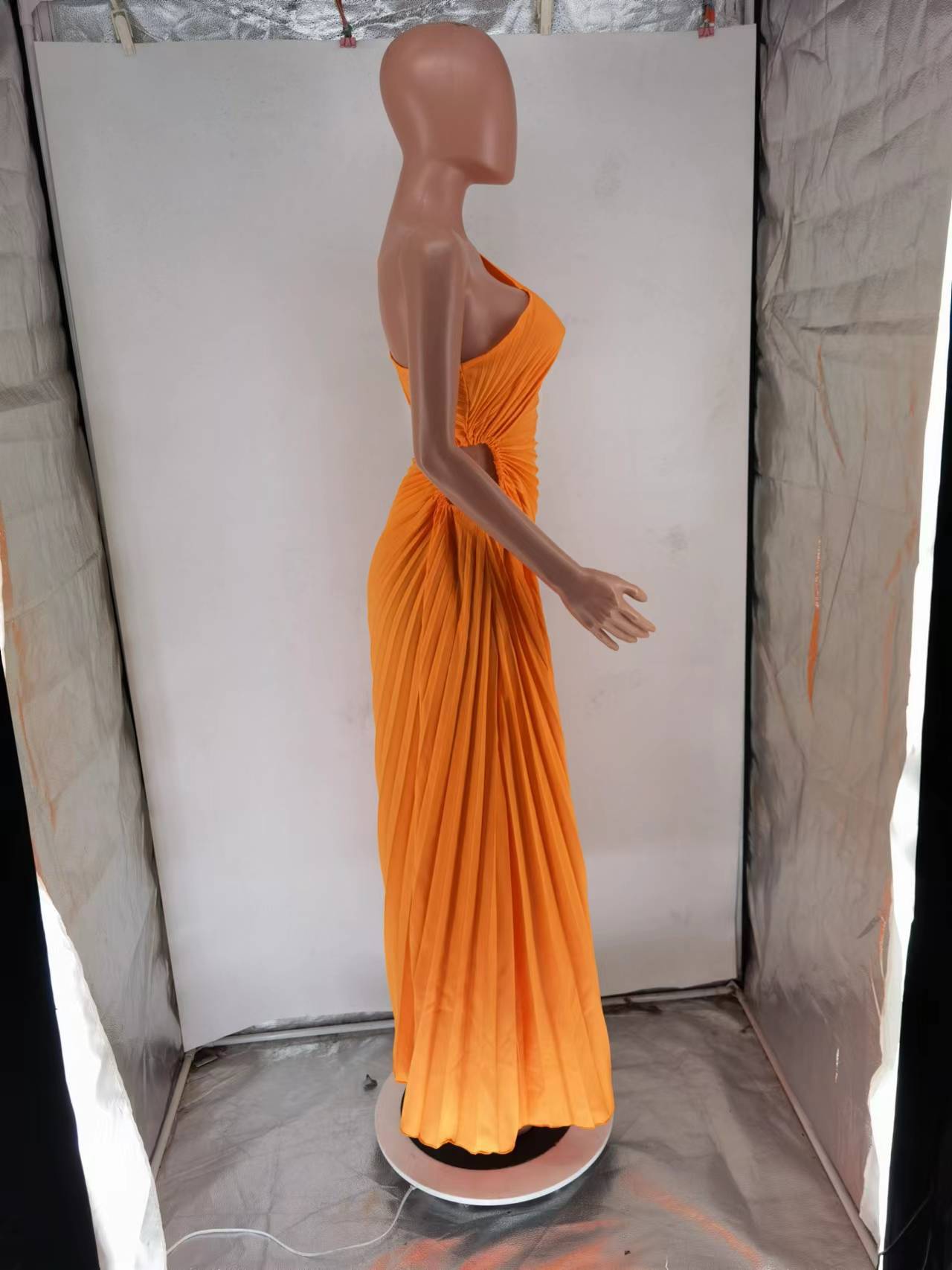 CMYAYA Women One Shoulder Sleeveless Roll Waist Pleated Ruched A-line Dress Sexy Party Prom Evening Maxi Dresses Orange Vestidos