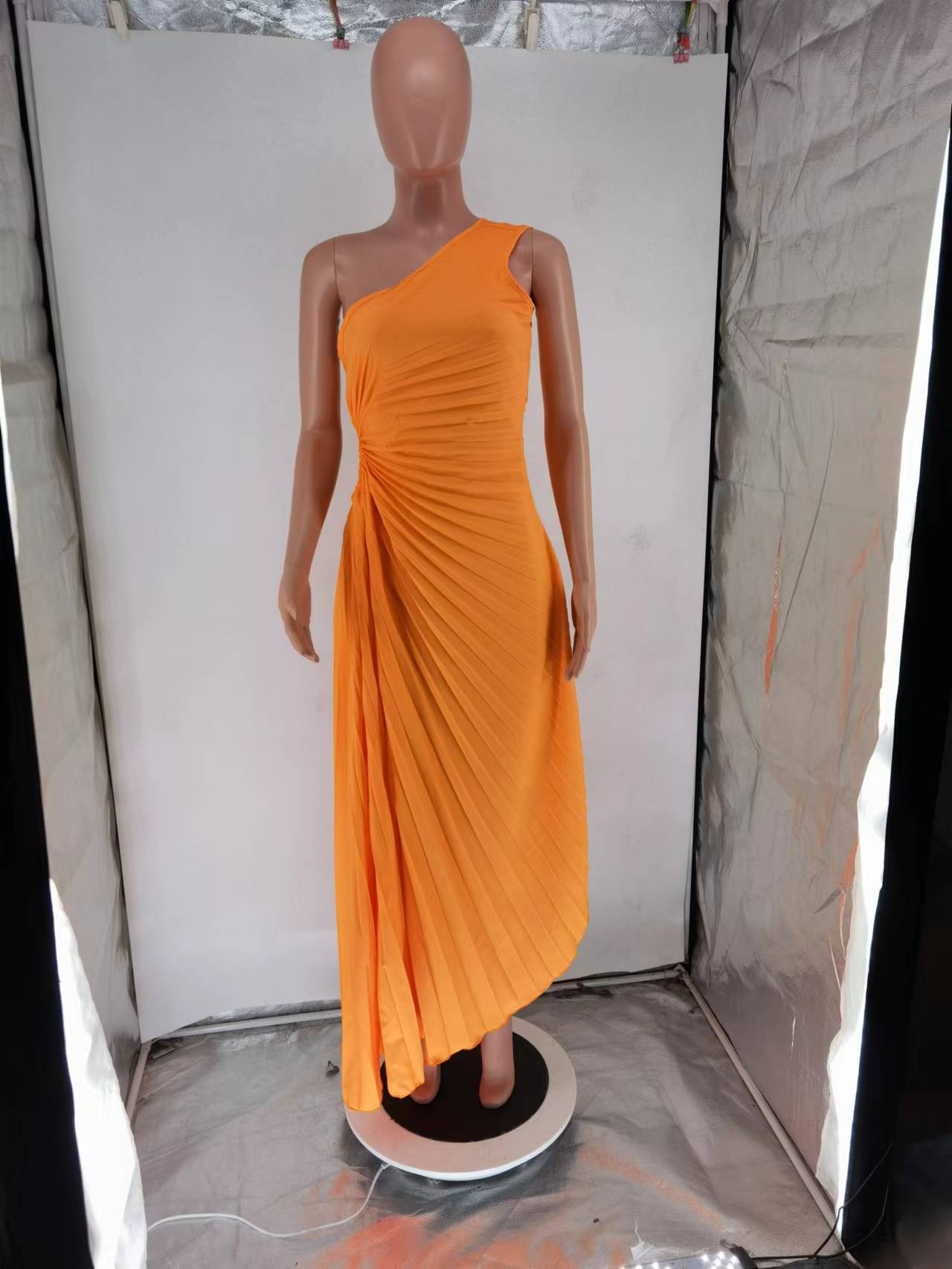 CMYAYA Women One Shoulder Sleeveless Roll Waist Pleated Ruched A-line Dress Sexy Party Prom Evening Maxi Dresses Orange Vestidos CMYAYA Women One Shoulder Sleeveless Roll Waist Pleated Ruched A-line Dress Sexy Party Prom Evening Maxi Dresses Orange Vestidos