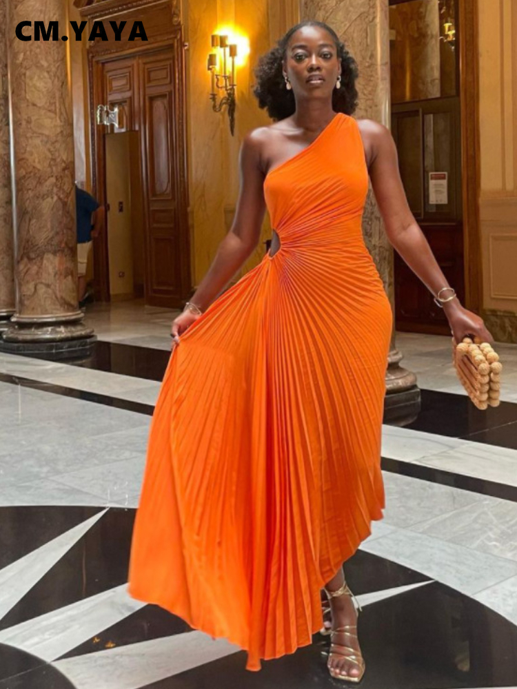 CMYAYA Women One Shoulder Sleeveless Roll Waist Pleated Ruched A-line Dress Sexy Party Prom Evening Maxi Dresses Orange Vestidos CMYAYA Women One Shoulder Sleeveless Roll Waist Pleated Ruched A-line Dress Sexy Party Prom Evening Maxi Dresses Orange Vestidos