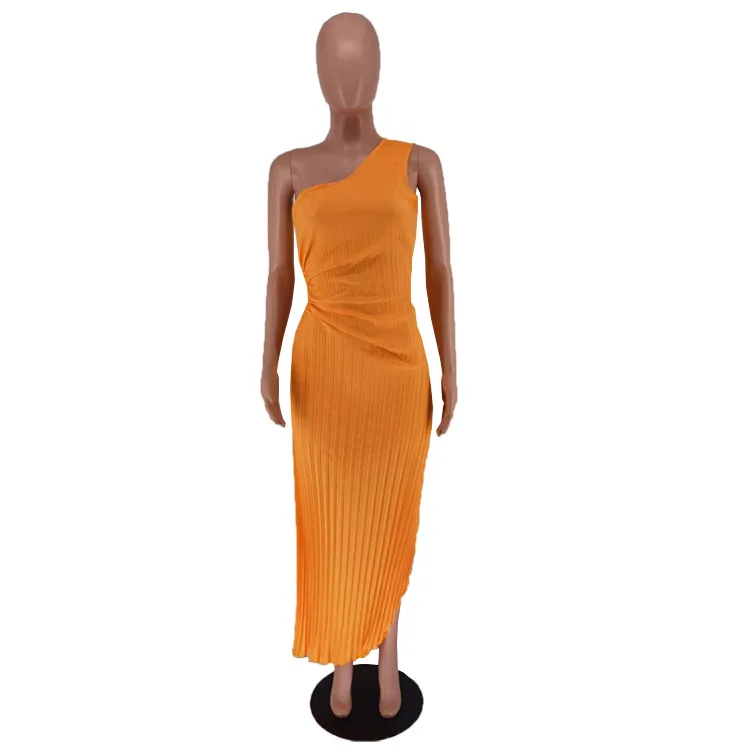 CMYAYA Women One Shoulder Sleeveless Roll Waist Pleated Ruched A-line Dress Sexy Party Prom Evening Maxi Dresses Orange Vestidos CMYAYA Women One Shoulder Sleeveless Roll Waist Pleated Ruched A-line Dress Sexy Party Prom Evening Maxi Dresses Orange Vestidos