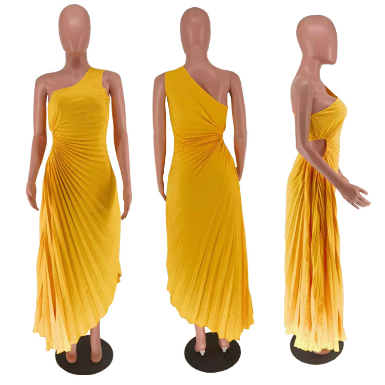 CMYAYA Women One Shoulder Sleeveless Roll Waist Pleated Ruched A-line Dress Sexy Party Prom Evening Maxi Dresses Orange Vestidos