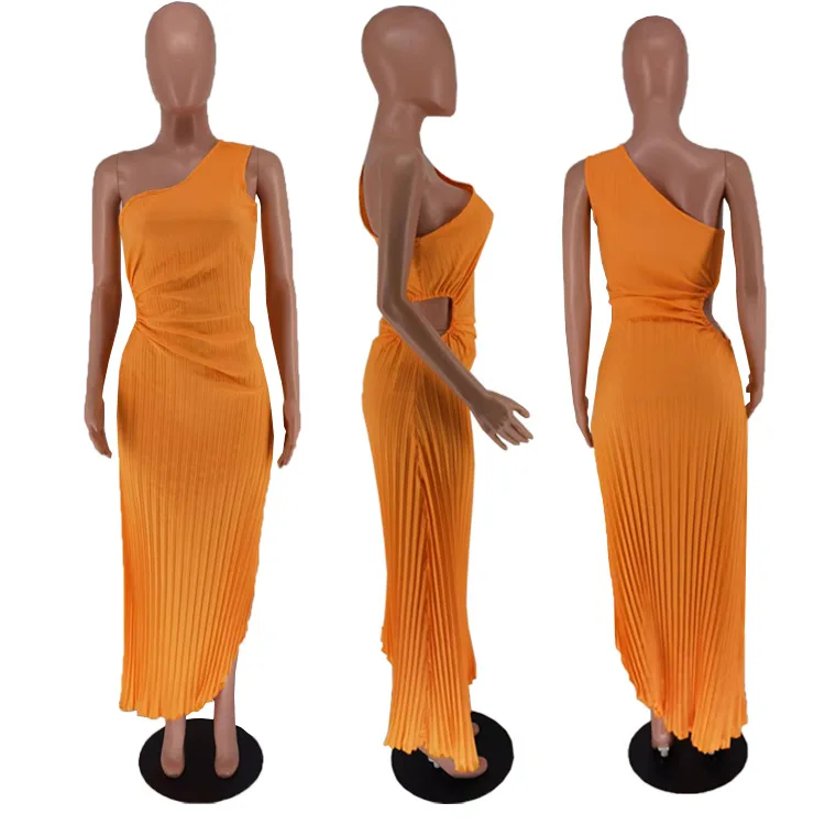 CMYAYA Women One Shoulder Sleeveless Roll Waist Pleated Ruched A-line Dress Sexy Party Prom Evening Maxi Dresses Orange Vestidos CMYAYA Women One Shoulder Sleeveless Roll Waist Pleated Ruched A-line Dress Sexy Party Prom Evening Maxi Dresses Orange Vestidos